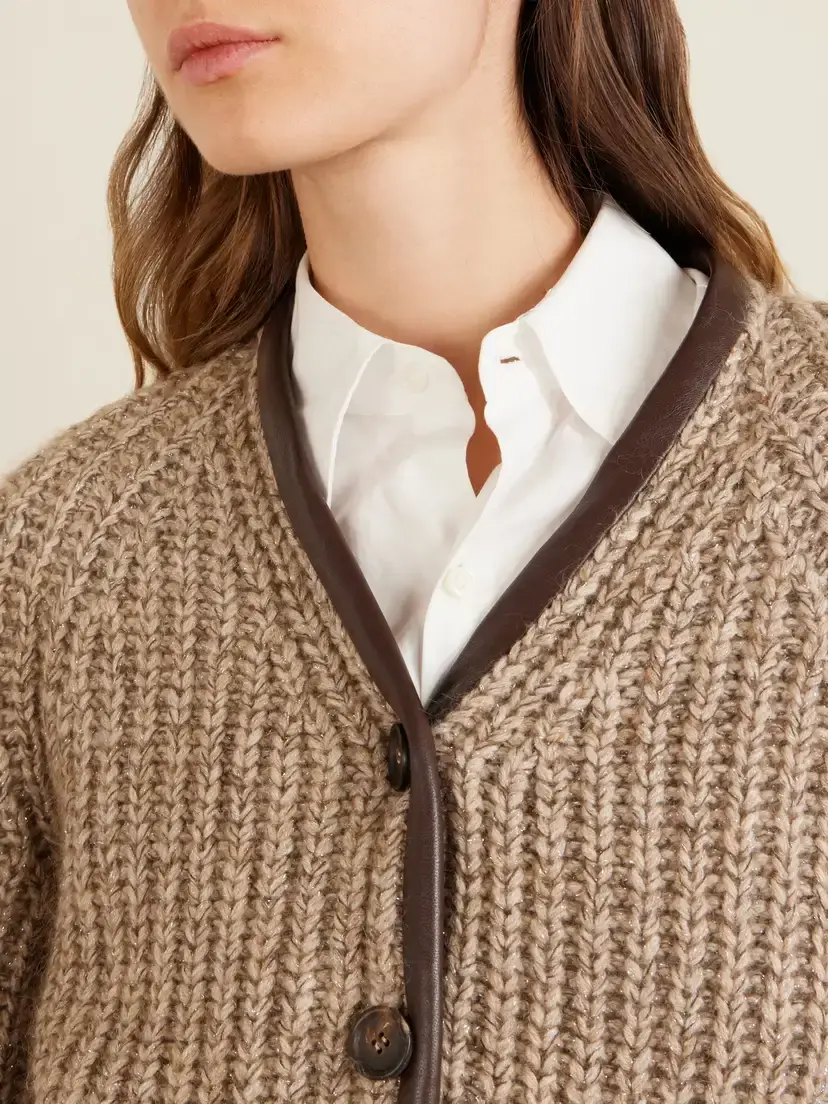 Brunello Cucinelli Rib-knitted Shearling And Leather-trimmed Cashmere-blend Cardigan | Thumbnail 6