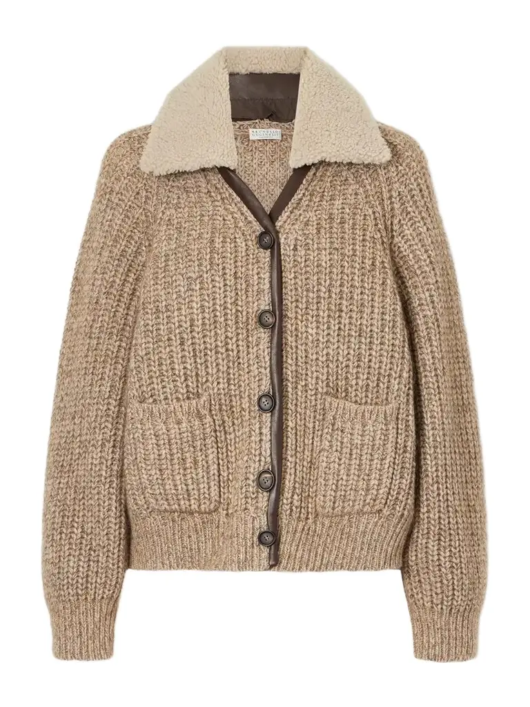 Brunello Cucinelli Rib-knitted Shearling And Leather-trimmed Cashmere-blend Cardigan