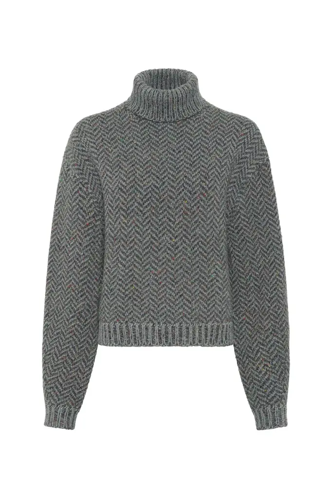 Courtney Knit Turtleneck in Charcoal Multi Aran Cashmere Herringbone