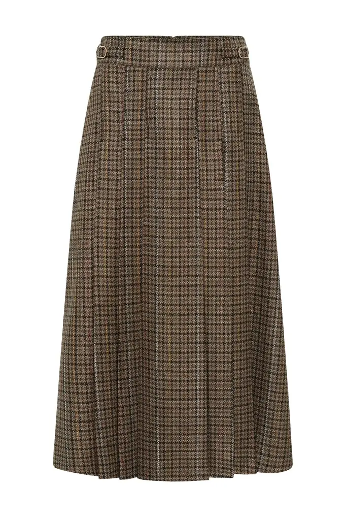 Wesley Pleated Skirt in Camel Multi Wool Silk Houndstooth