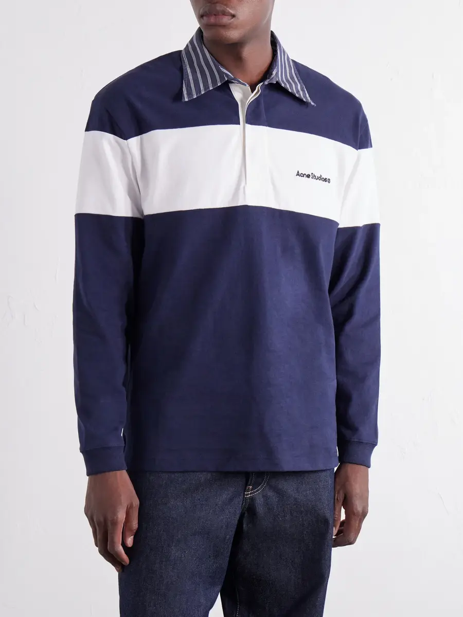 Acne Studios Logo-Embroidered Striped Poplin-Trimmed Cotton-Jersey Sweater - Men | Thumbnail 3
