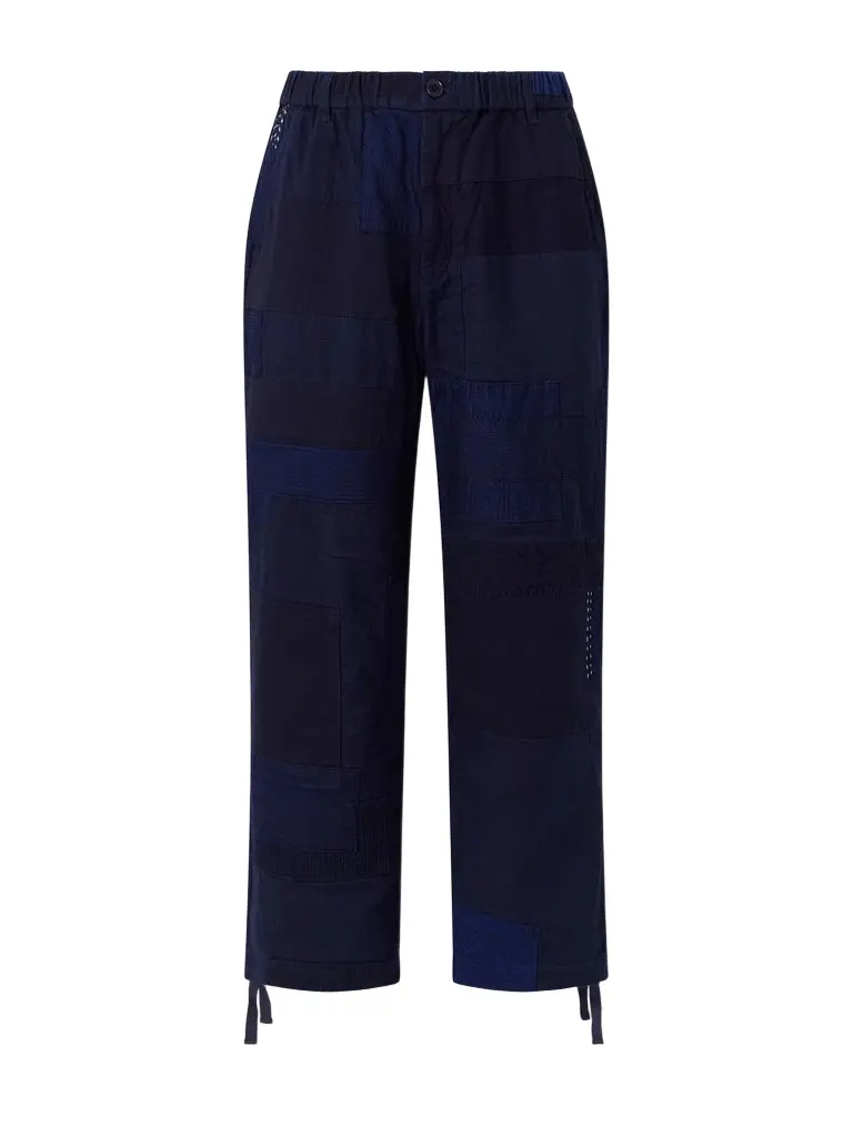Blue Blue Japan Nenrin Wide-Leg Drawstring Patchwork Cotton-Sashiko Trousers - Men
