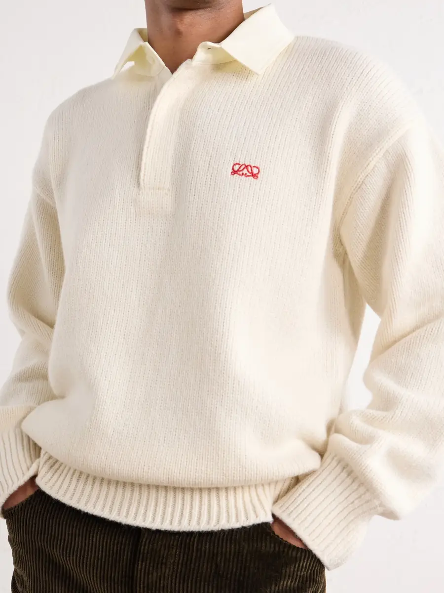 Loewe Logo-Embroidered Cotton Twill-Trimmed Wool-Blend Polo Sweater - Men | Thumbnail 5 Loewe Logo-Embroidered Cotton Twill-Trimmed Wool-Blend Polo Sweater - Men | Thumbnail 5