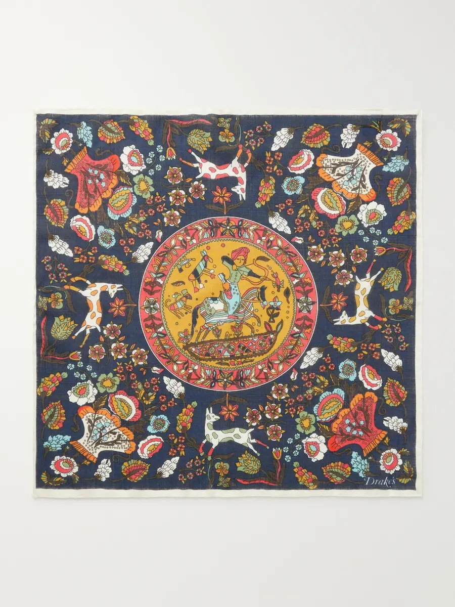 Drake's Folk Rider Printed Wool and Silk-Blend Gauze Pocket Square - Men | Thumbnail 4 Drake's Folk Rider Printed Wool and Silk-Blend Gauze Pocket Square - Men | Thumbnail 4