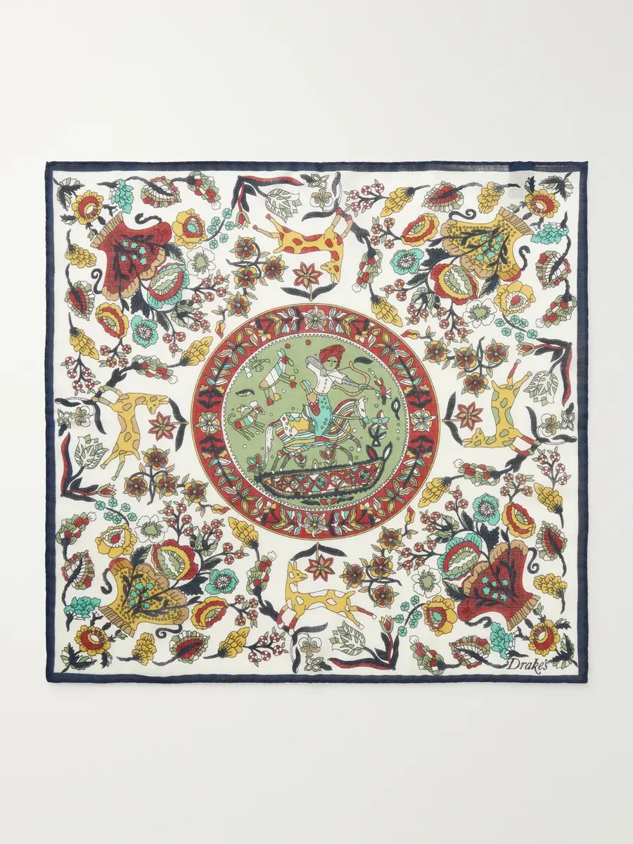 Drake's Folk Rider Printed Wool and Silk-Blend Gauze Pocket Square - Men | Thumbnail 4 Drake's Folk Rider Printed Wool and Silk-Blend Gauze Pocket Square - Men | Thumbnail 4