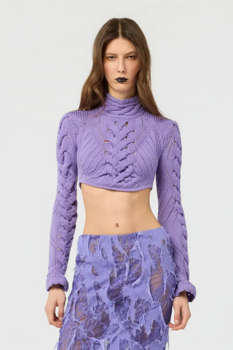 Roberto Cavalli Cropped Braided Knit Top With High Neck | Thumbnail 2 Roberto Cavalli Cropped Braided Knit Top With High Neck | Thumbnail 2