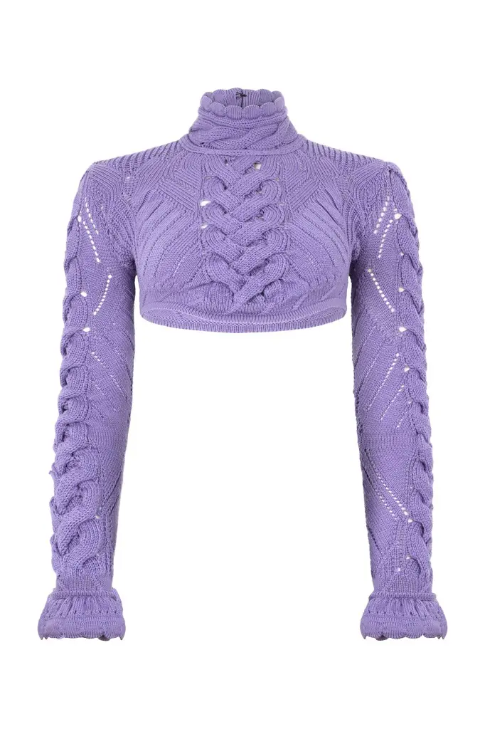 Cropped Braided Knit Top With High Neck Cropped Braided Knit Top With High Neck