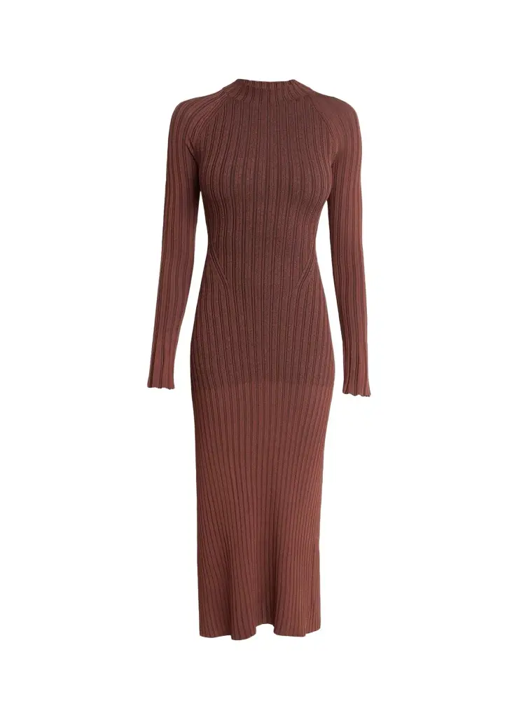 Roux Long-Sleeve Silk-Blend Rib Midi Dress Roux Long-Sleeve Silk-Blend Rib Midi Dress