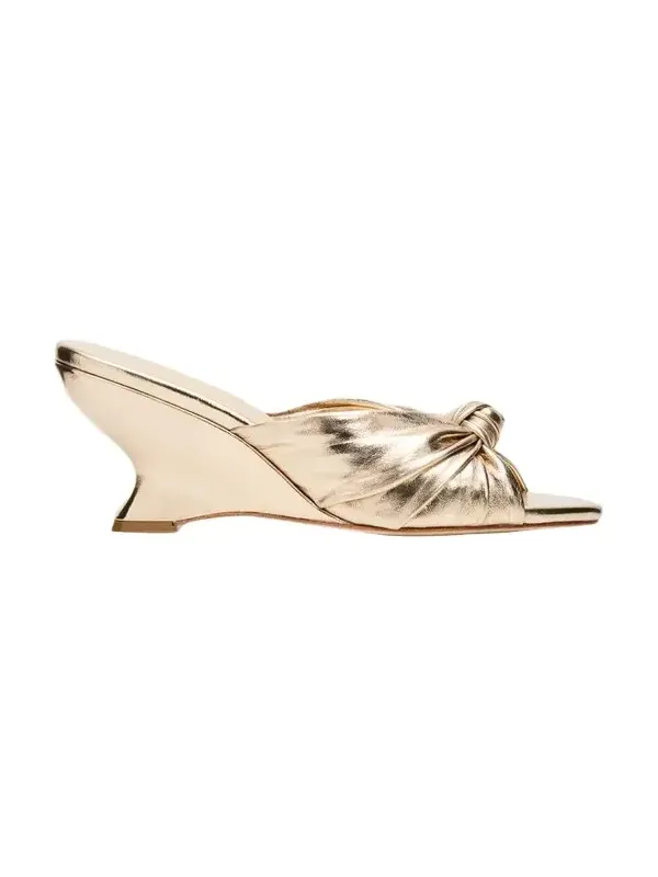 75mm Marsy Metallic Leather Angled Wedge Mules