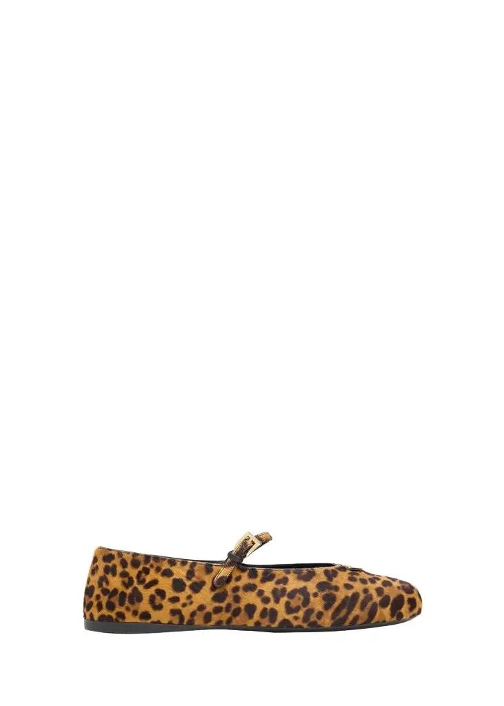 Prada Triangle Logo Leopard Calf Hair Ballerina Flats