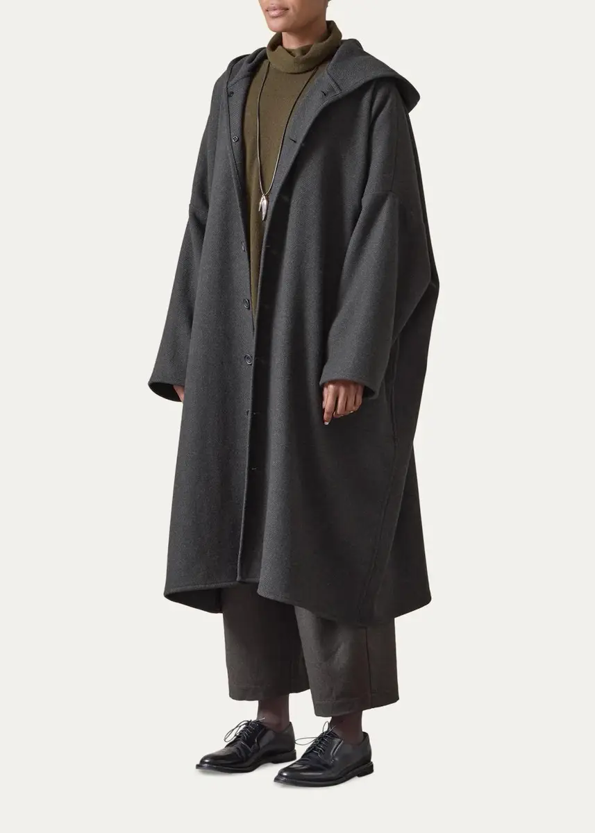 Eskandar Wool Cashmere Wide Hooded Buttoned Coat - 3/4 Length | Thumbnail 2 Eskandar Wool Cashmere Wide Hooded Buttoned Coat - 3/4 Length | Thumbnail 2