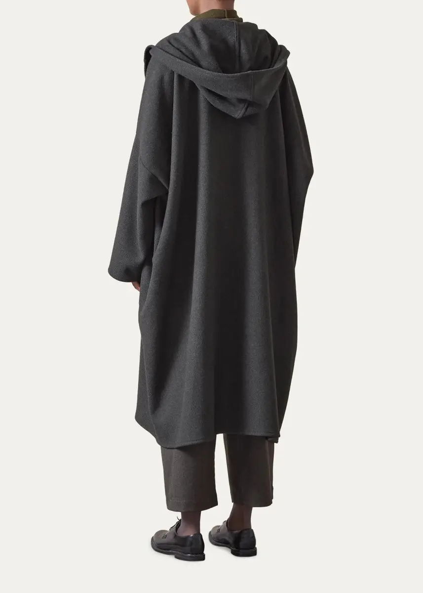 Eskandar Wool Cashmere Wide Hooded Buttoned Coat - 3/4 Length | Thumbnail 3 Eskandar Wool Cashmere Wide Hooded Buttoned Coat - 3/4 Length | Thumbnail 3