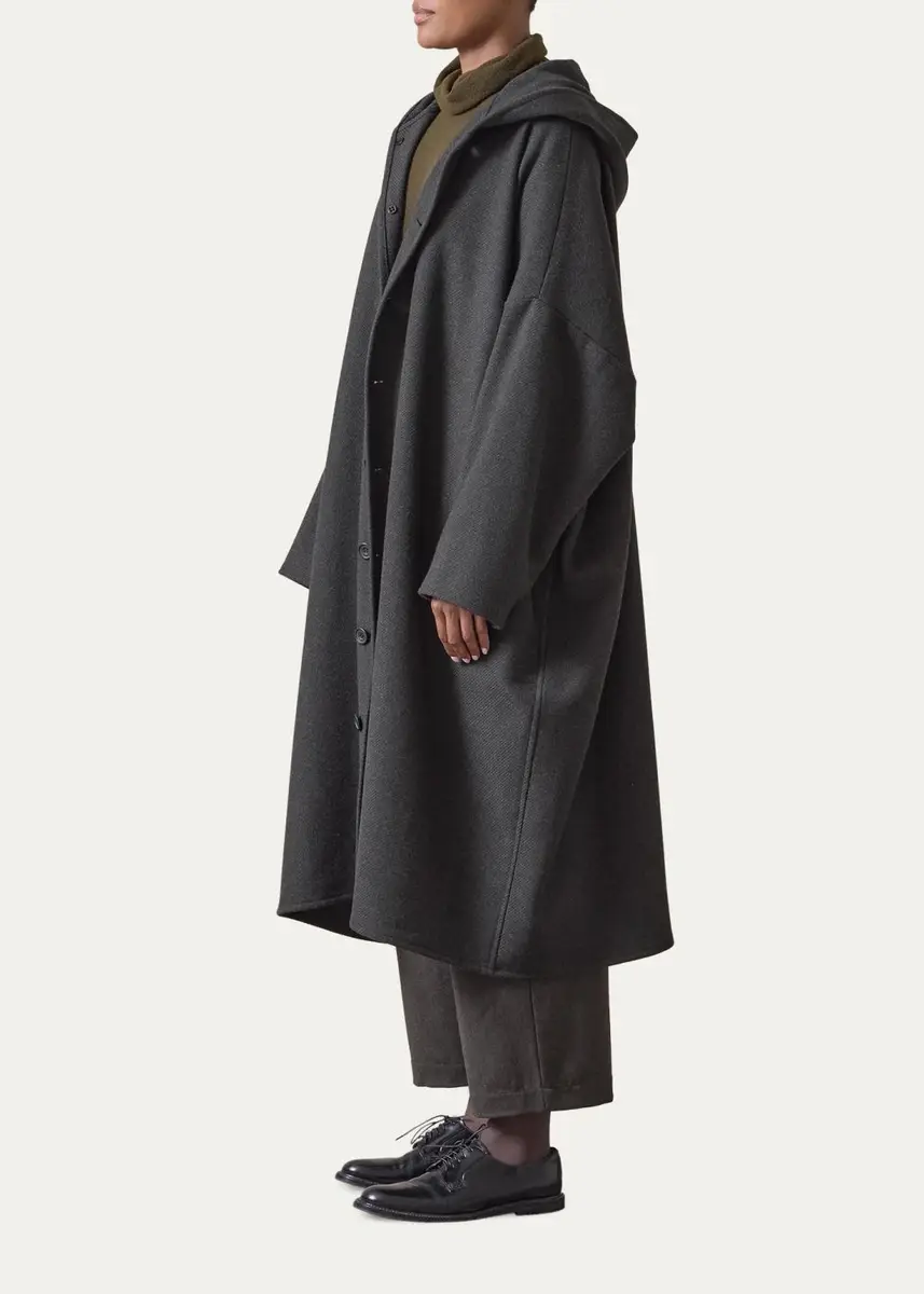 Eskandar Wool Cashmere Wide Hooded Buttoned Coat - 3/4 Length | Thumbnail 4 Eskandar Wool Cashmere Wide Hooded Buttoned Coat - 3/4 Length | Thumbnail 4