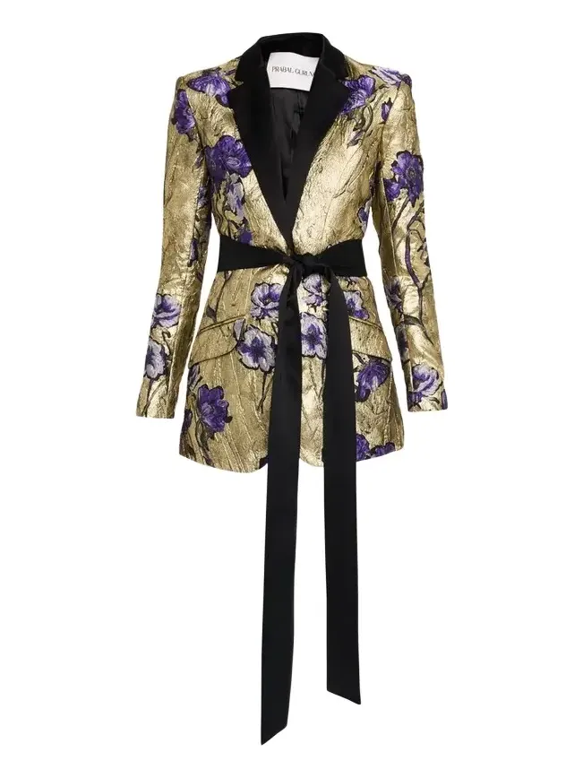 Metallic Floral Jacquard Belted Jacket