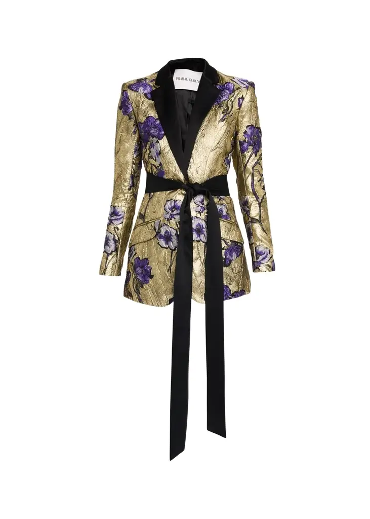 PRABAL GURUNG Metallic Floral Jacquard Belted Jacket
