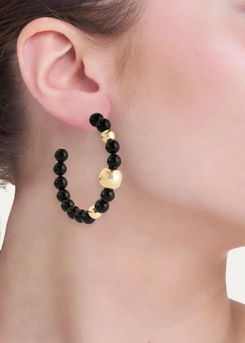 FARAONE MENNELLA by R.F.M.A.S. 18k Gold 6mm Black Onyx Hoop Earrings | Thumbnail 2