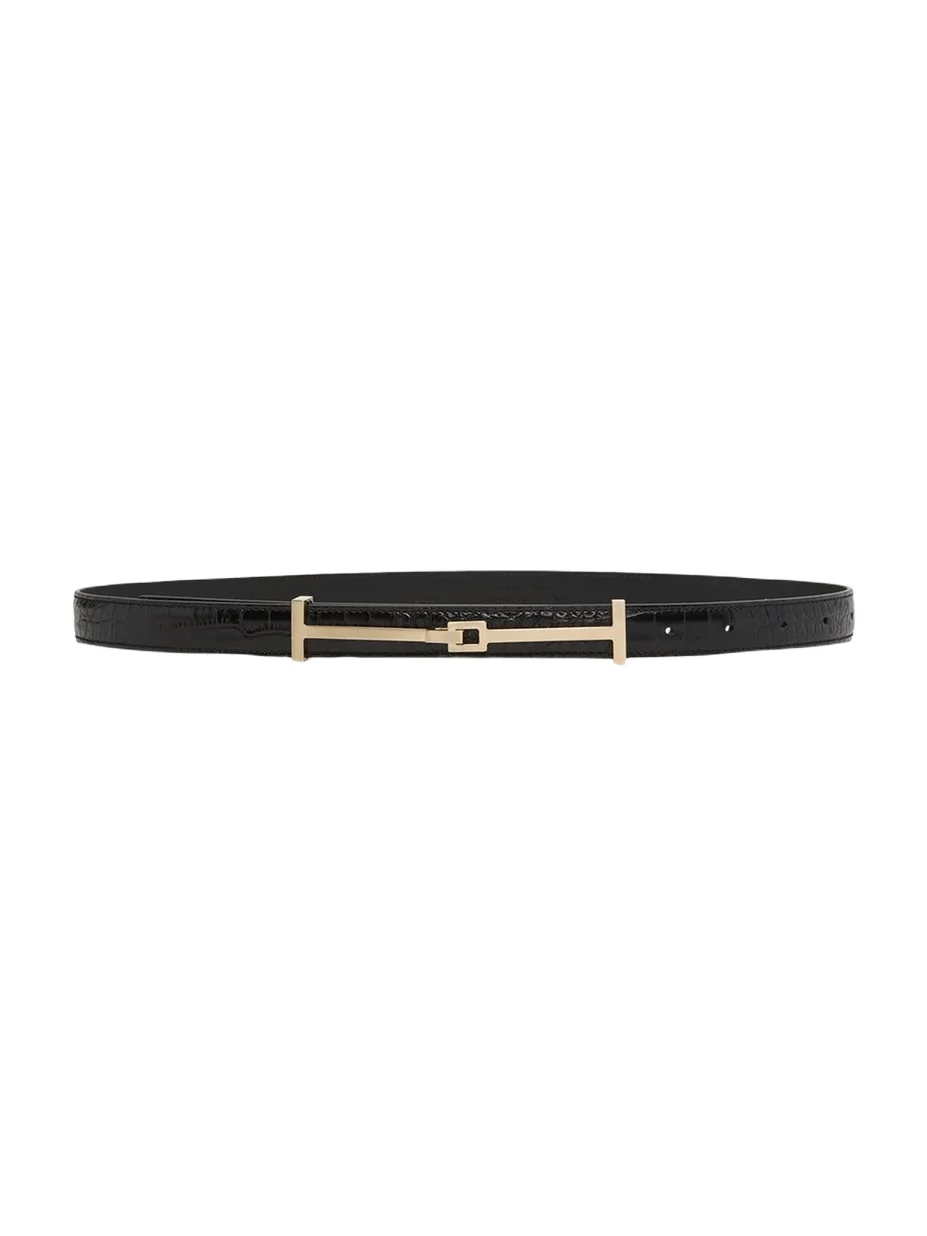 Tom Ford Double T Crocodile-Embossed Leather Belt
