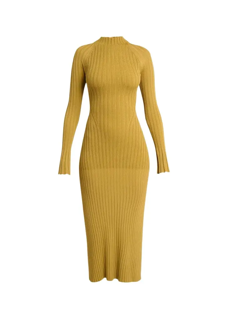Roux Mock-Neck Long-Sleeve Rib Midi Dress