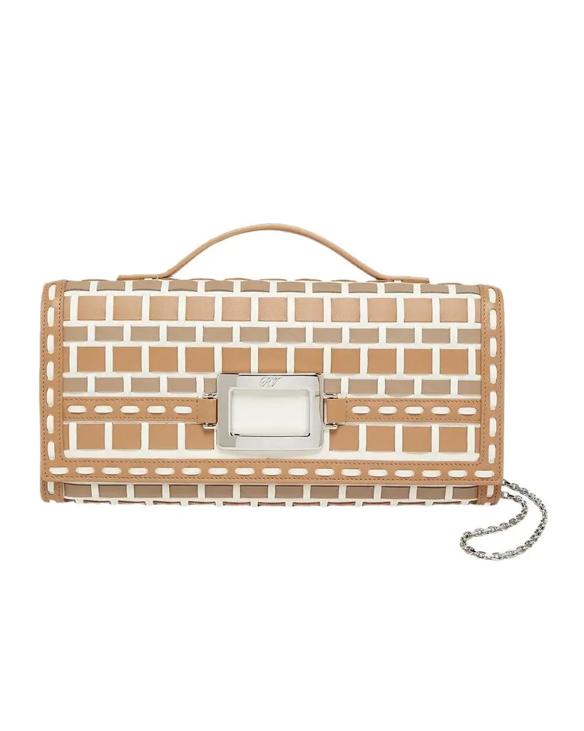 Belle Vivier Leather-Woven Clutch Bag