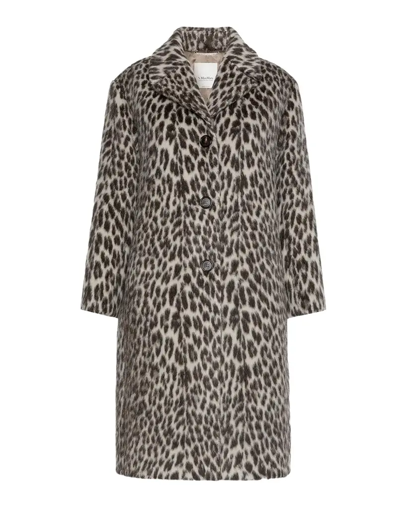 Leopard-Print Wool Single-Breasted Long Coat