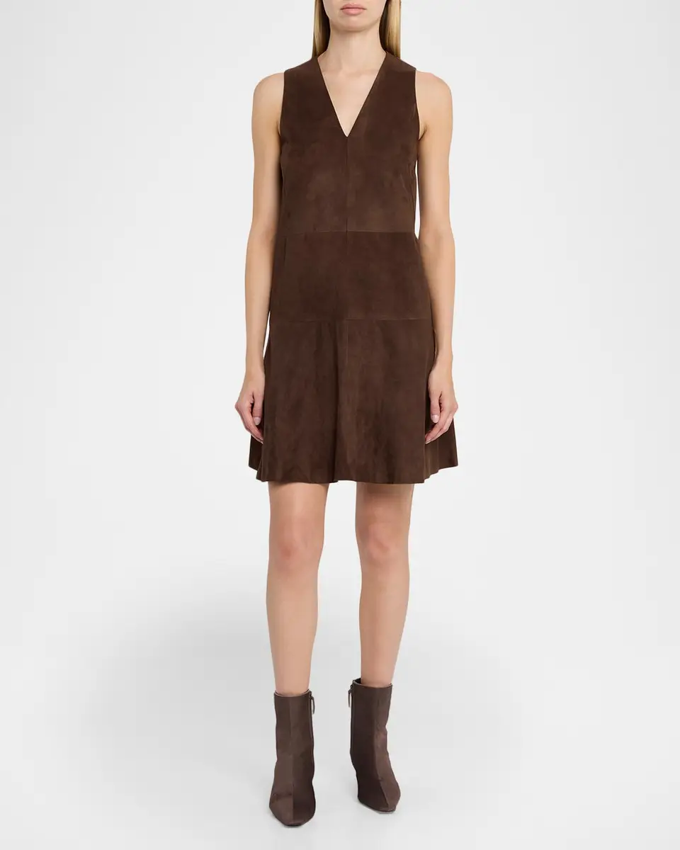 Brunello Cucinelli Suede V-Neck Flared Mini Dress | Thumbnail 2