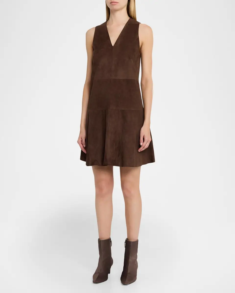 Brunello Cucinelli Suede V-Neck Flared Mini Dress | Thumbnail 4