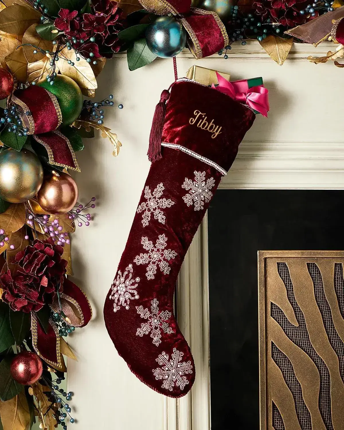 Sudha Pennathur Personalized Beaded Snowflakes on Velvet Christmas Stocking