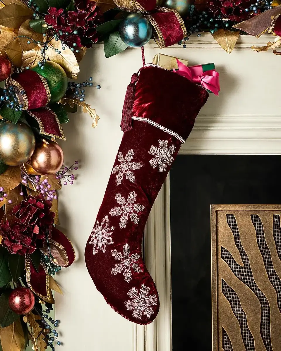 Beaded Snowflakes on Velvet Christmas Stocking