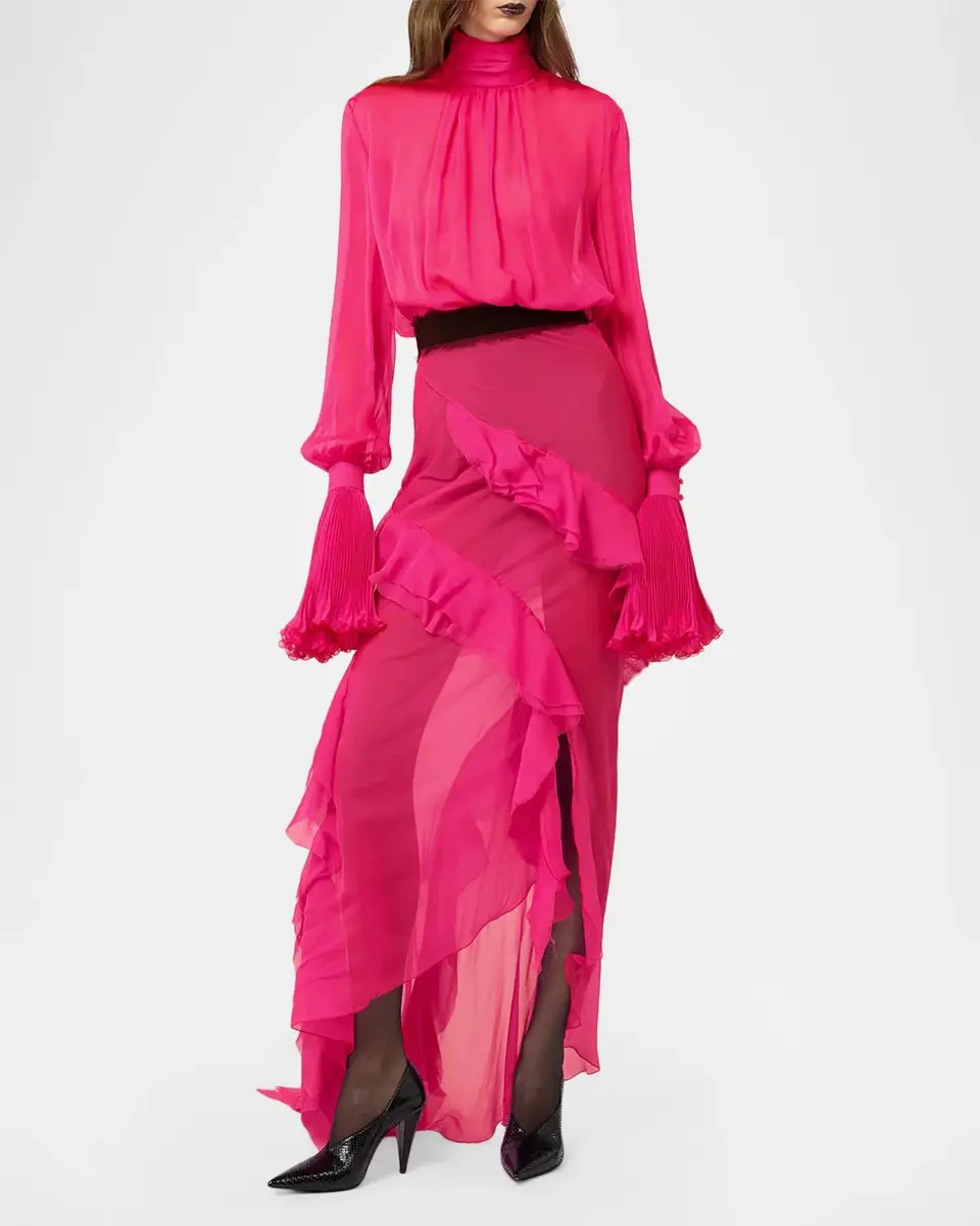 Roberto Cavalli Turtleneck Ruffle Silk Chiffon Asymmetric Midi Dress | Thumbnail 2 Roberto Cavalli Turtleneck Ruffle Silk Chiffon Asymmetric Midi Dress | Thumbnail 2