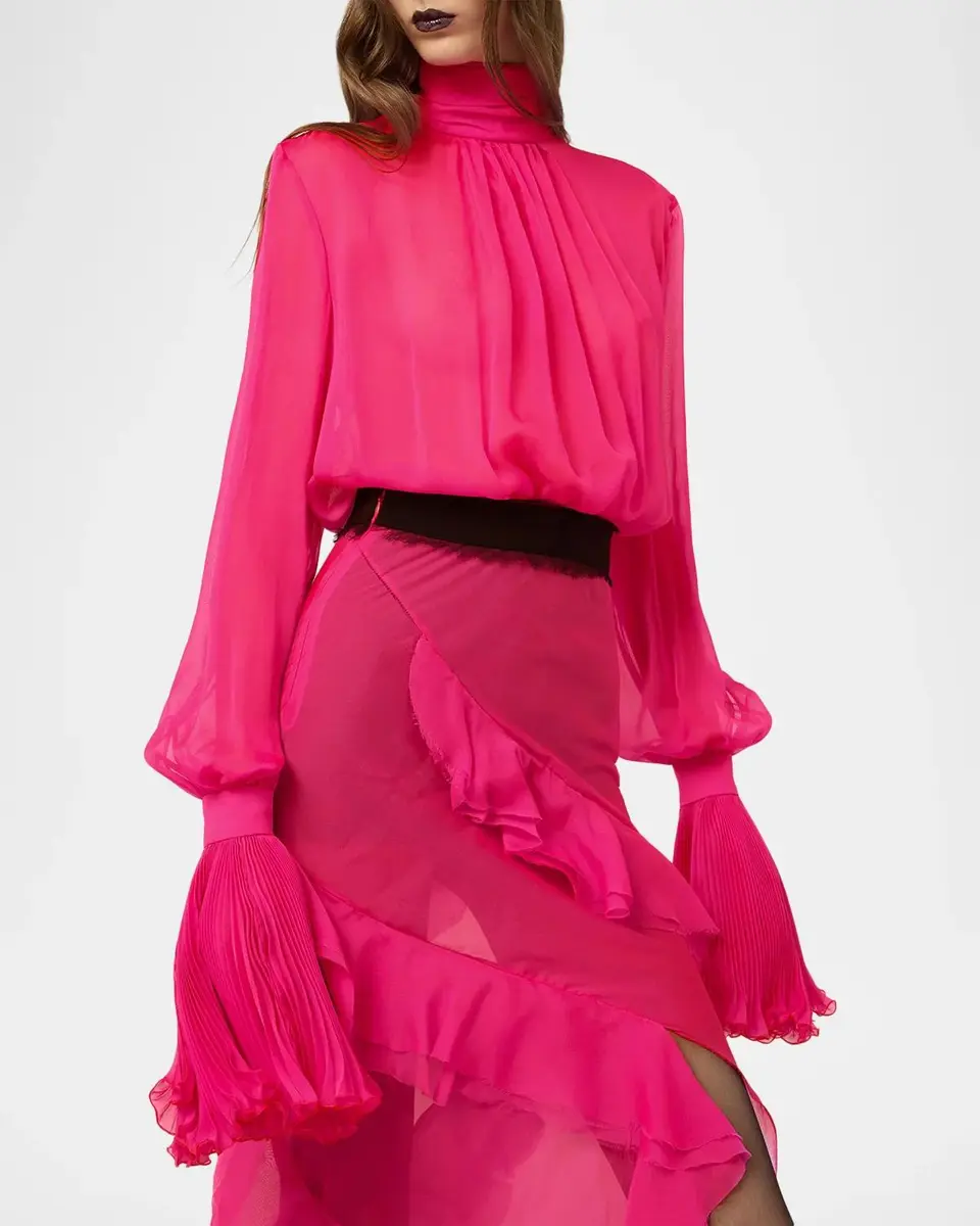 Roberto Cavalli Turtleneck Ruffle Silk Chiffon Asymmetric Midi Dress | Thumbnail 4 Roberto Cavalli Turtleneck Ruffle Silk Chiffon Asymmetric Midi Dress | Thumbnail 4