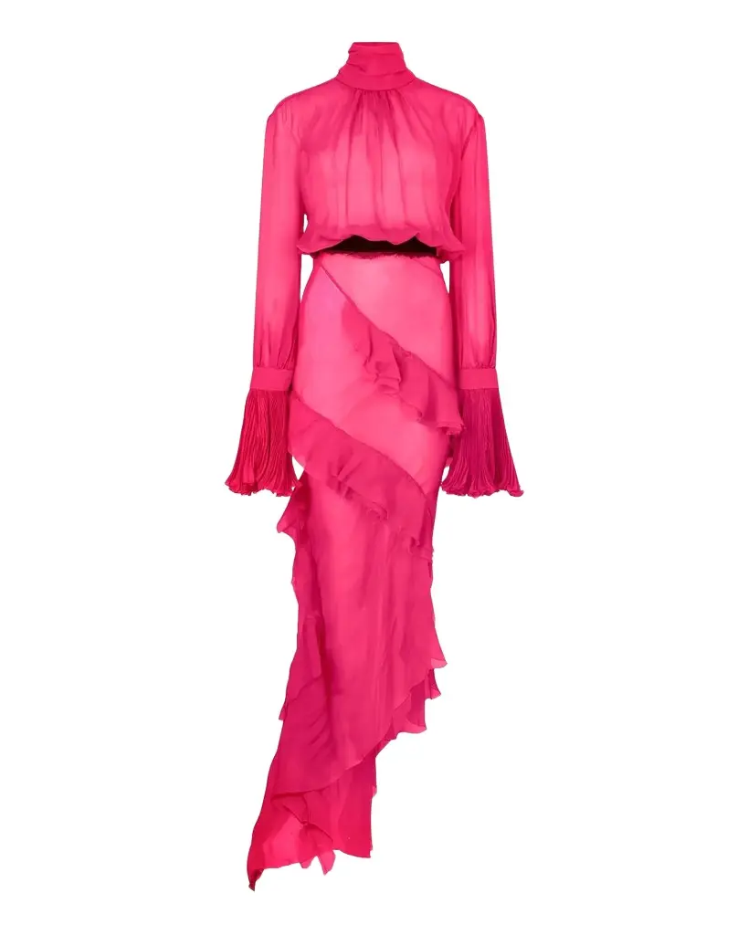 Turtleneck Ruffle Silk Chiffon Asymmetric Midi Dress Turtleneck Ruffle Silk Chiffon Asymmetric Midi Dress