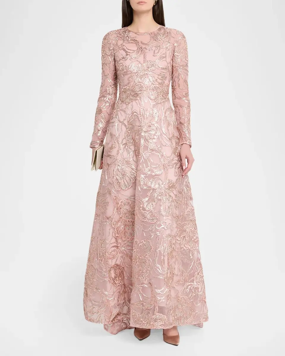 PAMELLA ROLAND Metallic Raffia Floral Embroidered Long-Sleeve Gown | Thumbnail 2