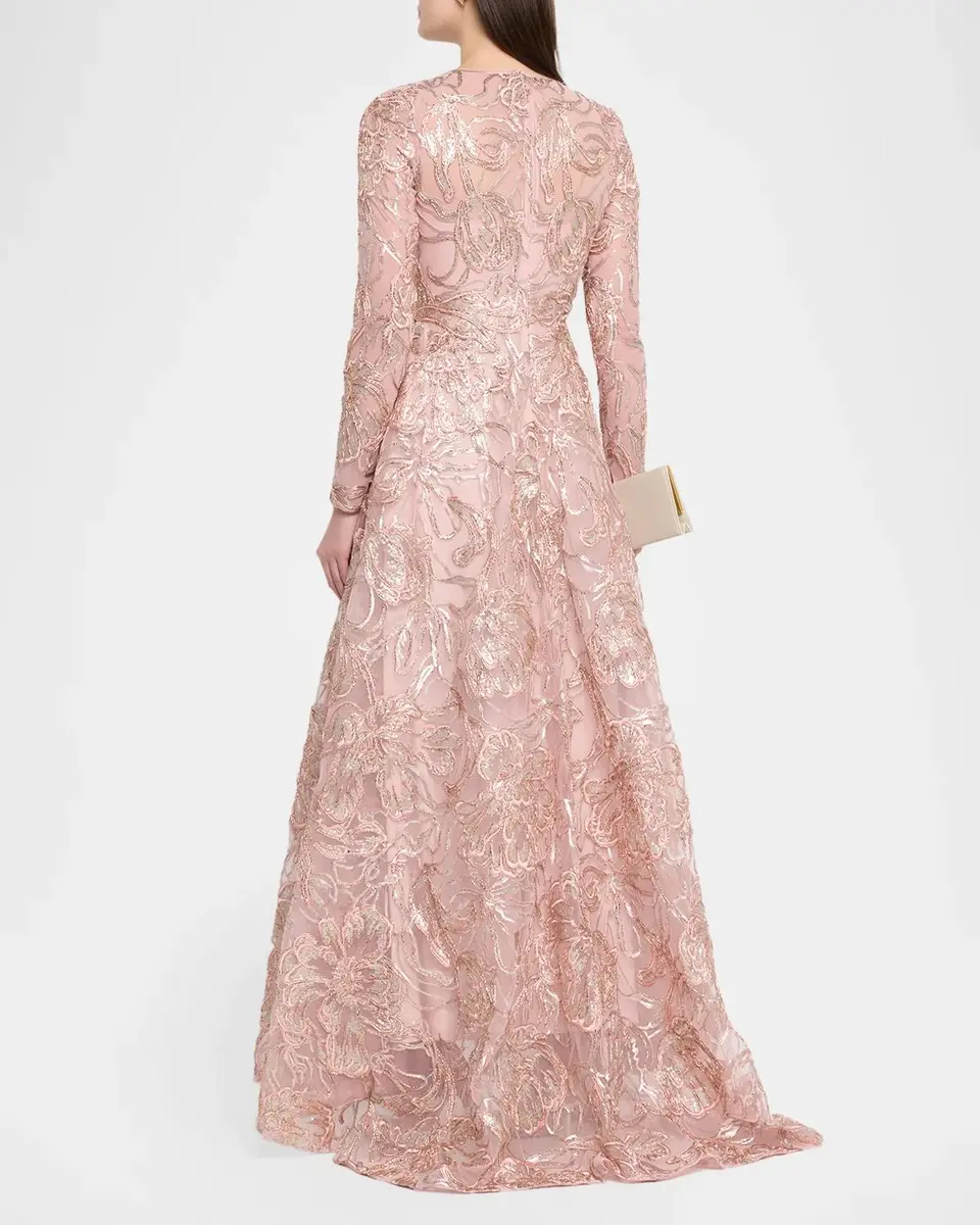 PAMELLA ROLAND Metallic Raffia Floral Embroidered Long-Sleeve Gown | Thumbnail 3