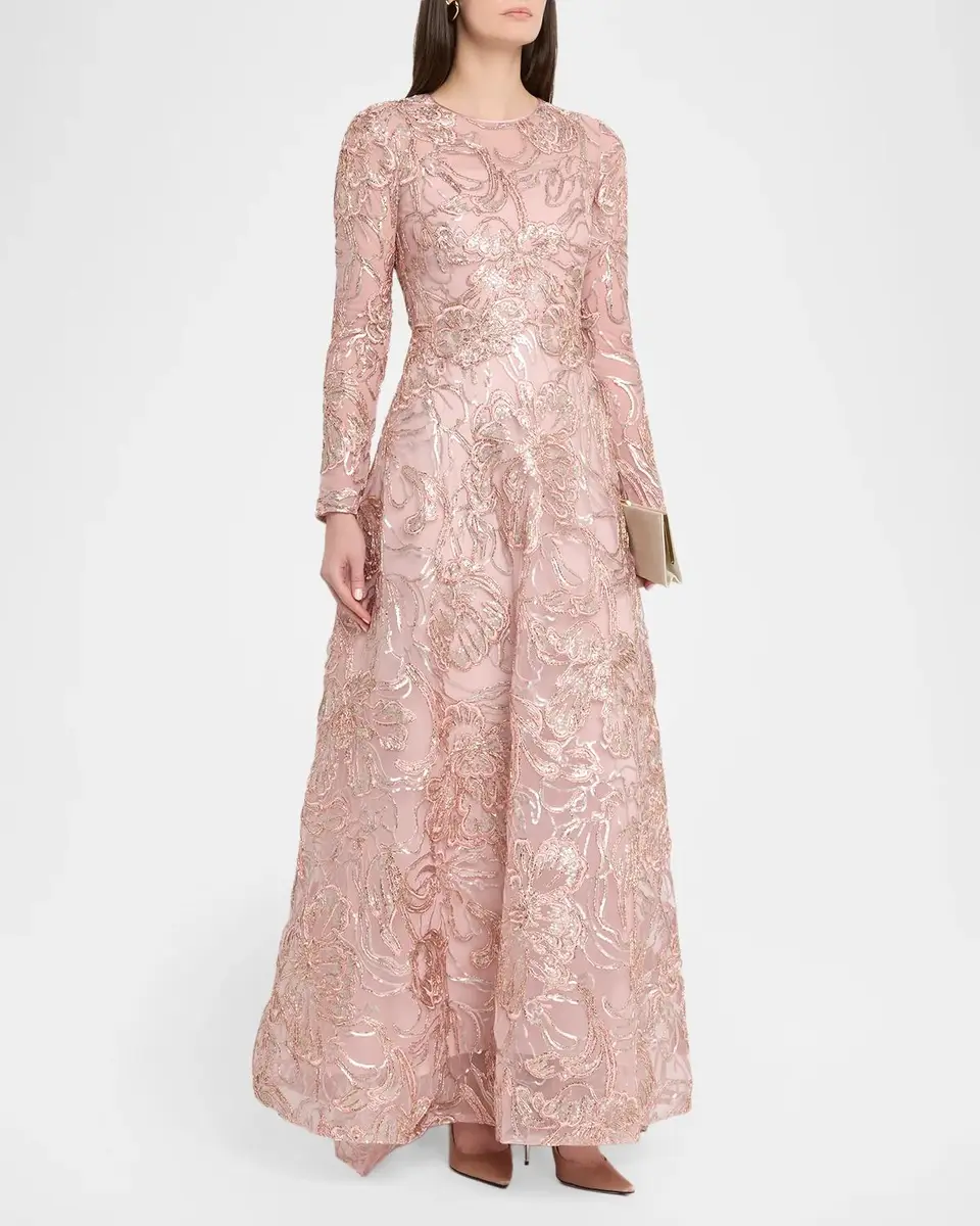 PAMELLA ROLAND Metallic Raffia Floral Embroidered Long-Sleeve Gown | Thumbnail 4