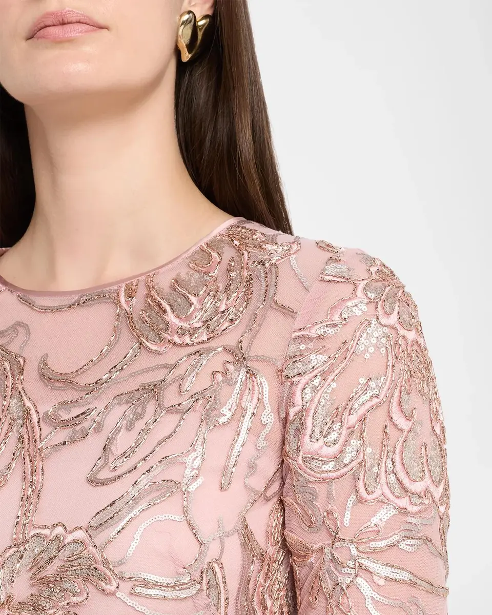 PAMELLA ROLAND Metallic Raffia Floral Embroidered Long-Sleeve Gown | Thumbnail 5