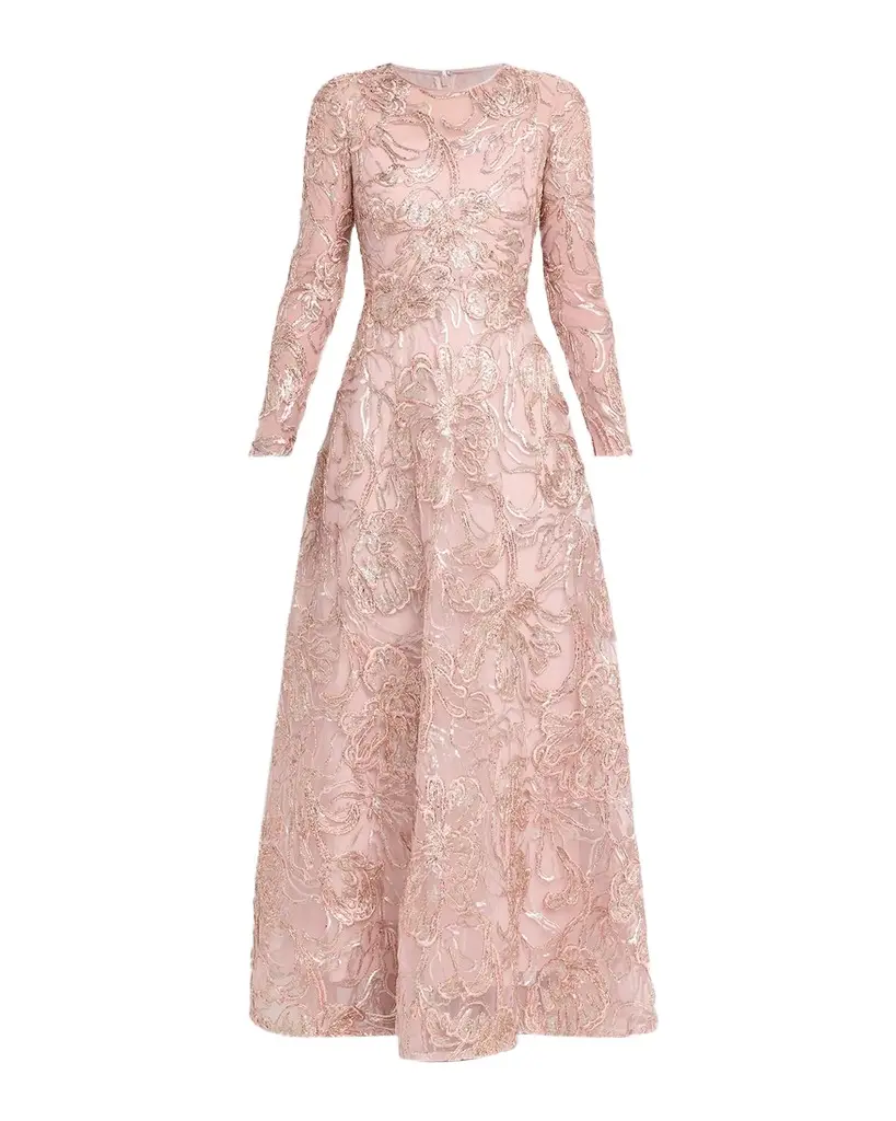 PAMELLA ROLAND Metallic Raffia Floral Embroidered Long-Sleeve Gown