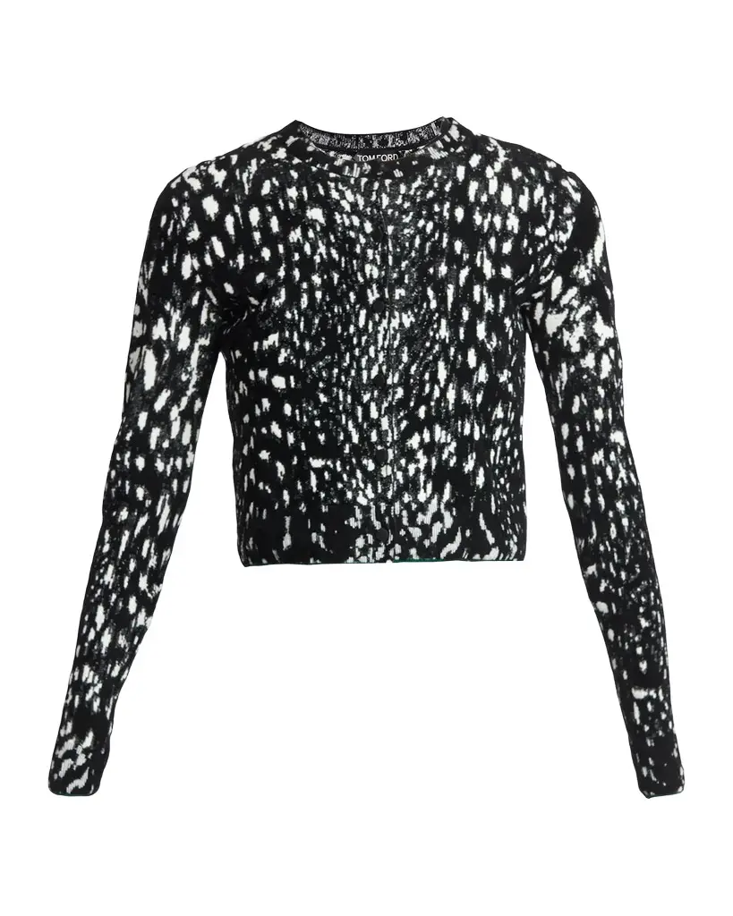 TOM FORD Boutique Lynx Jacquard Compact Velvet Knit Crewneck Cardigan