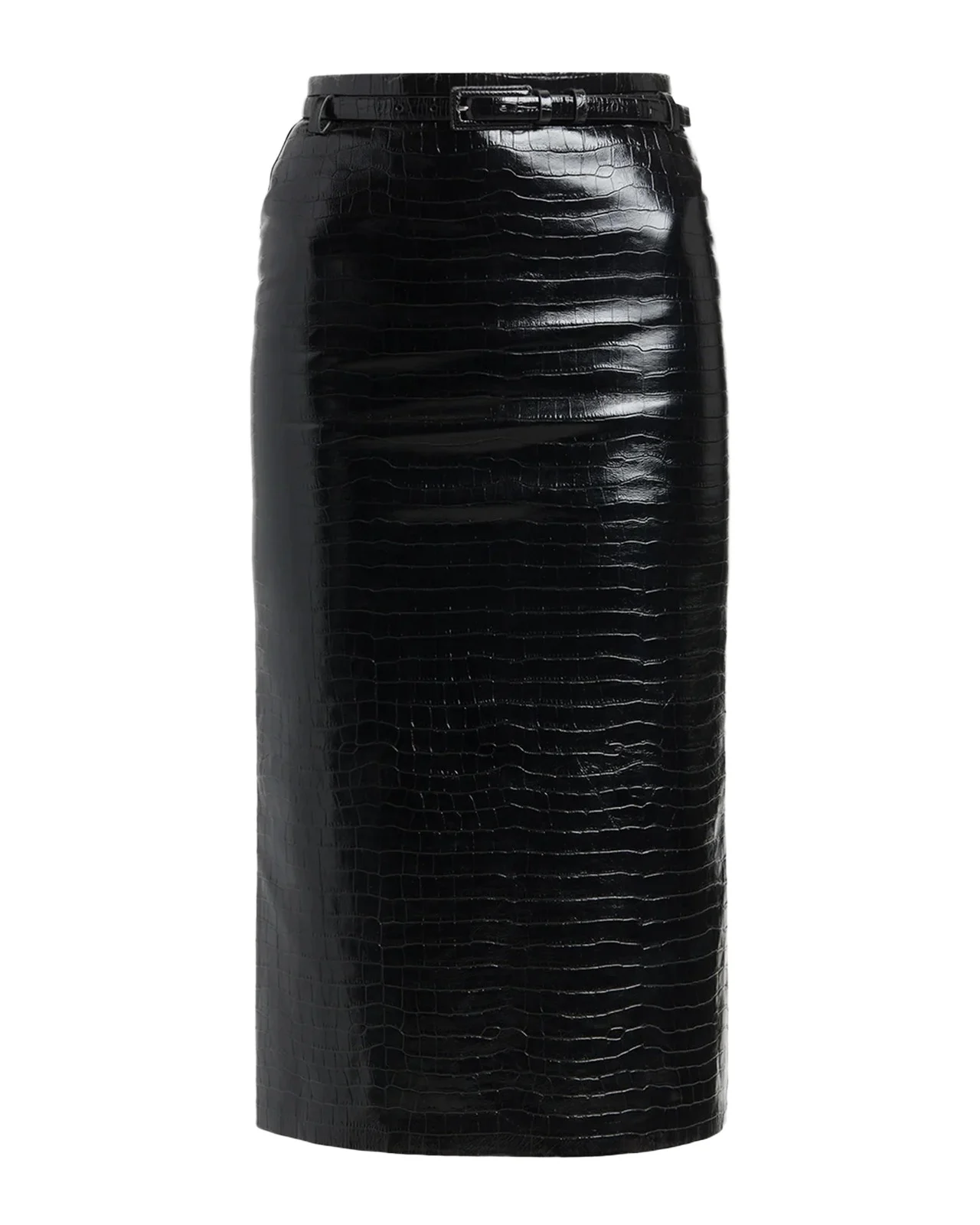 Exotic Croco Embossed Leather Midi Skirt With Belt