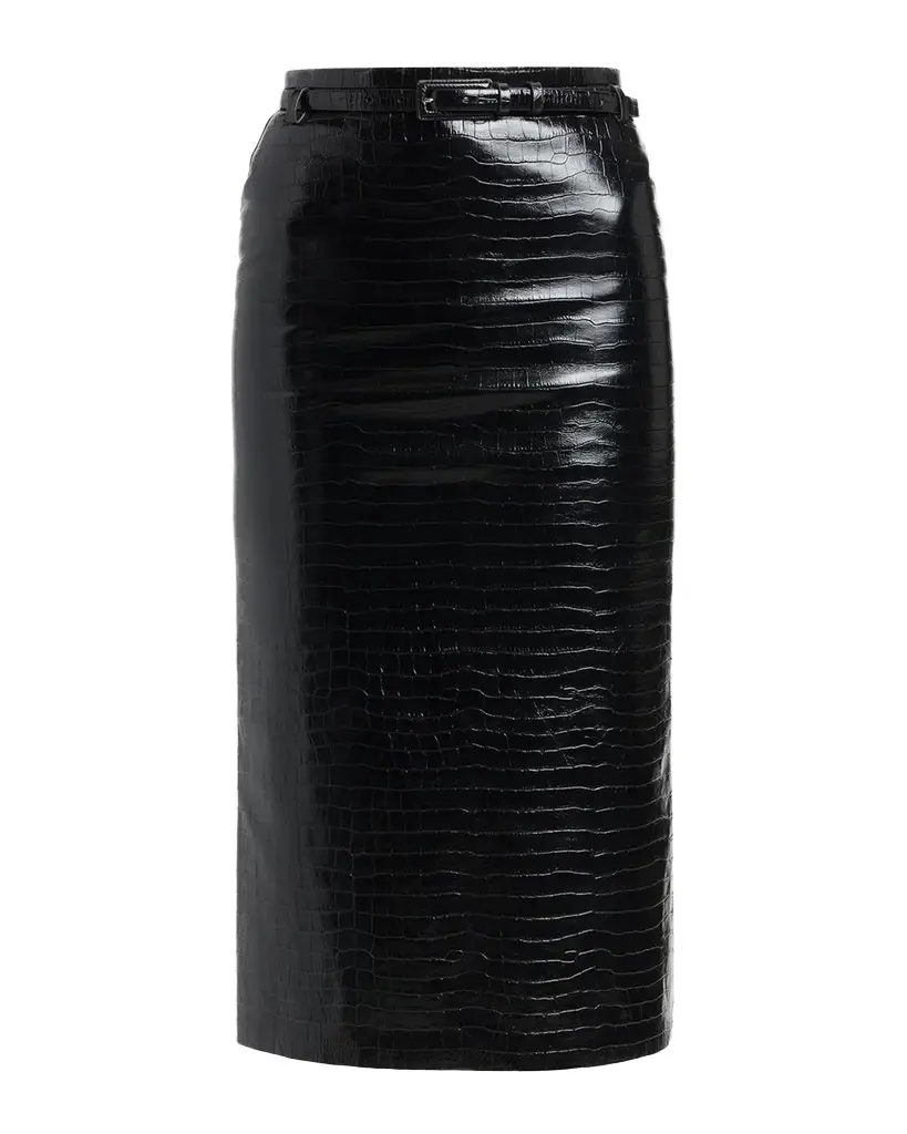 Exotic Croco Embossed Leather Midi Skirt With Belt Exotic Croco Embossed Leather Midi Skirt With Belt