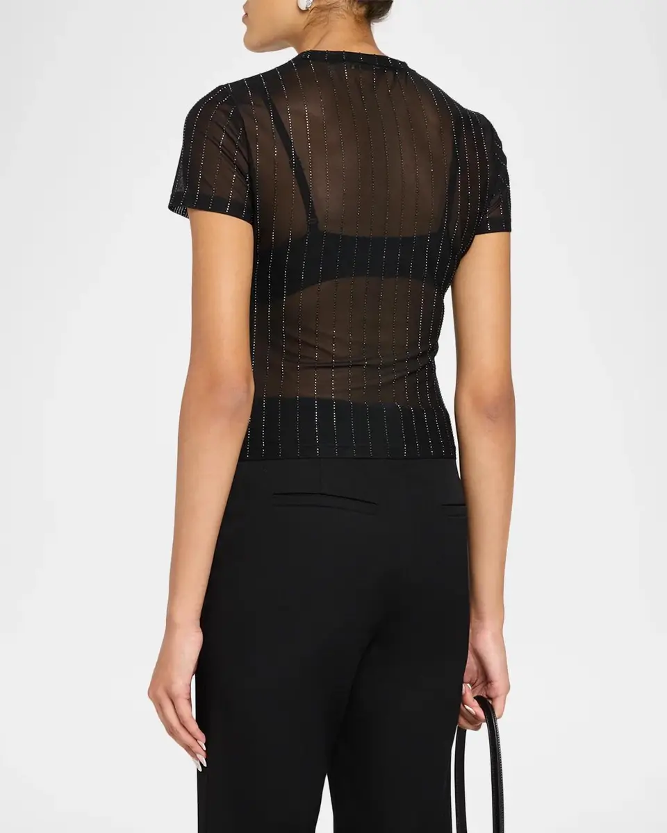 Alice + Olivia Tess Pinstripe Embellished Mesh Short-Sleeve Top | Thumbnail 3 Alice + Olivia Tess Pinstripe Embellished Mesh Short-Sleeve Top | Thumbnail 3