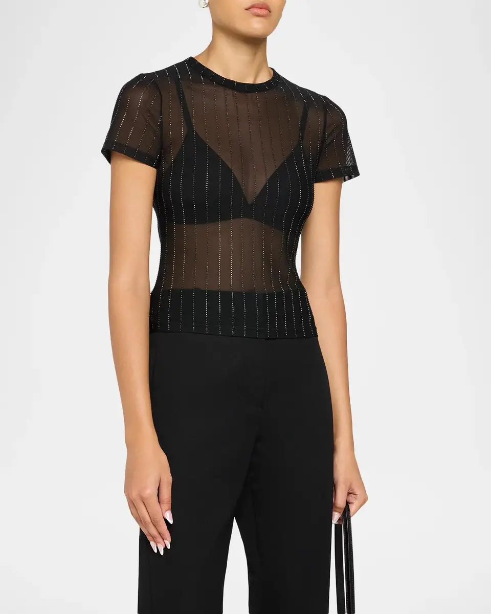 Alice + Olivia Tess Pinstripe Embellished Mesh Short-Sleeve Top | Thumbnail 4 Alice + Olivia Tess Pinstripe Embellished Mesh Short-Sleeve Top | Thumbnail 4
