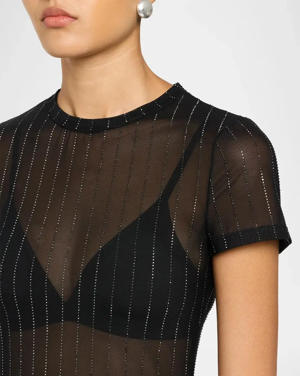 Alice + Olivia Tess Pinstripe Embellished Mesh Short-Sleeve Top | Thumbnail 5 Alice + Olivia Tess Pinstripe Embellished Mesh Short-Sleeve Top | Thumbnail 5
