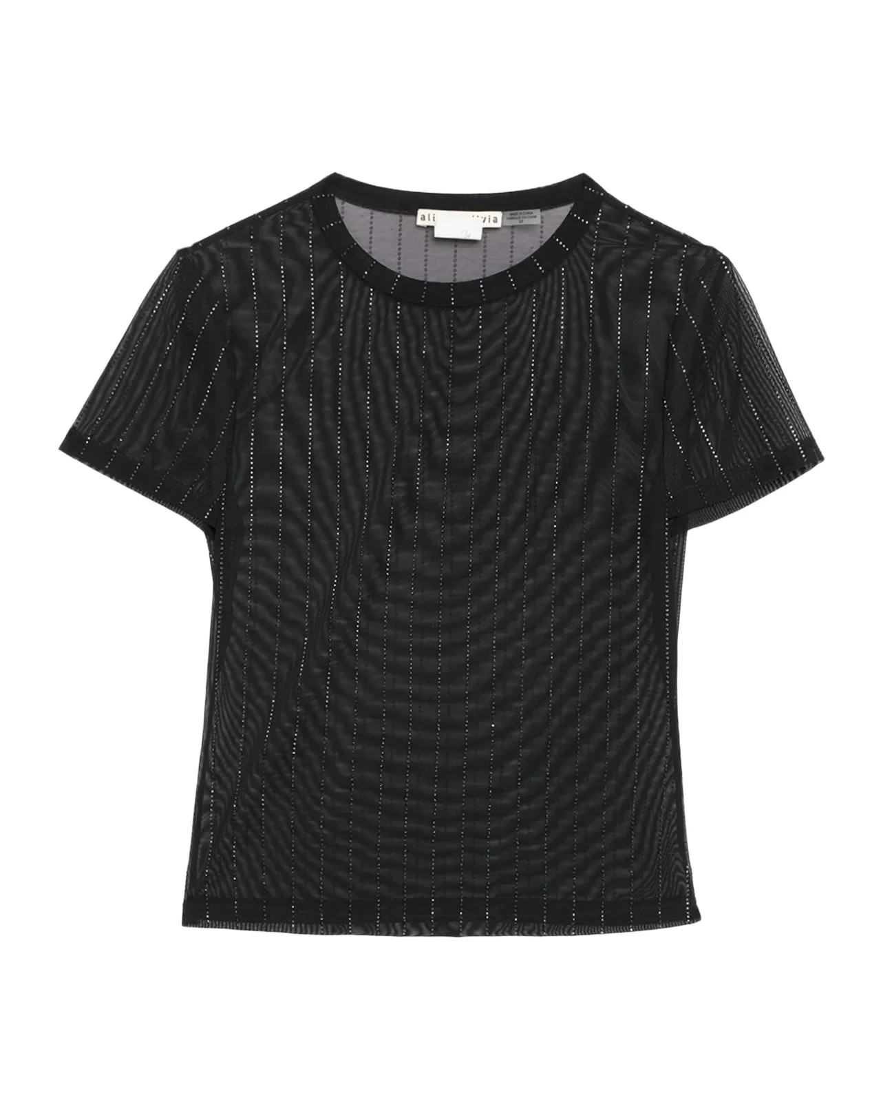Tess Pinstripe Embellished Mesh Short-Sleeve Top Tess Pinstripe Embellished Mesh Short-Sleeve Top