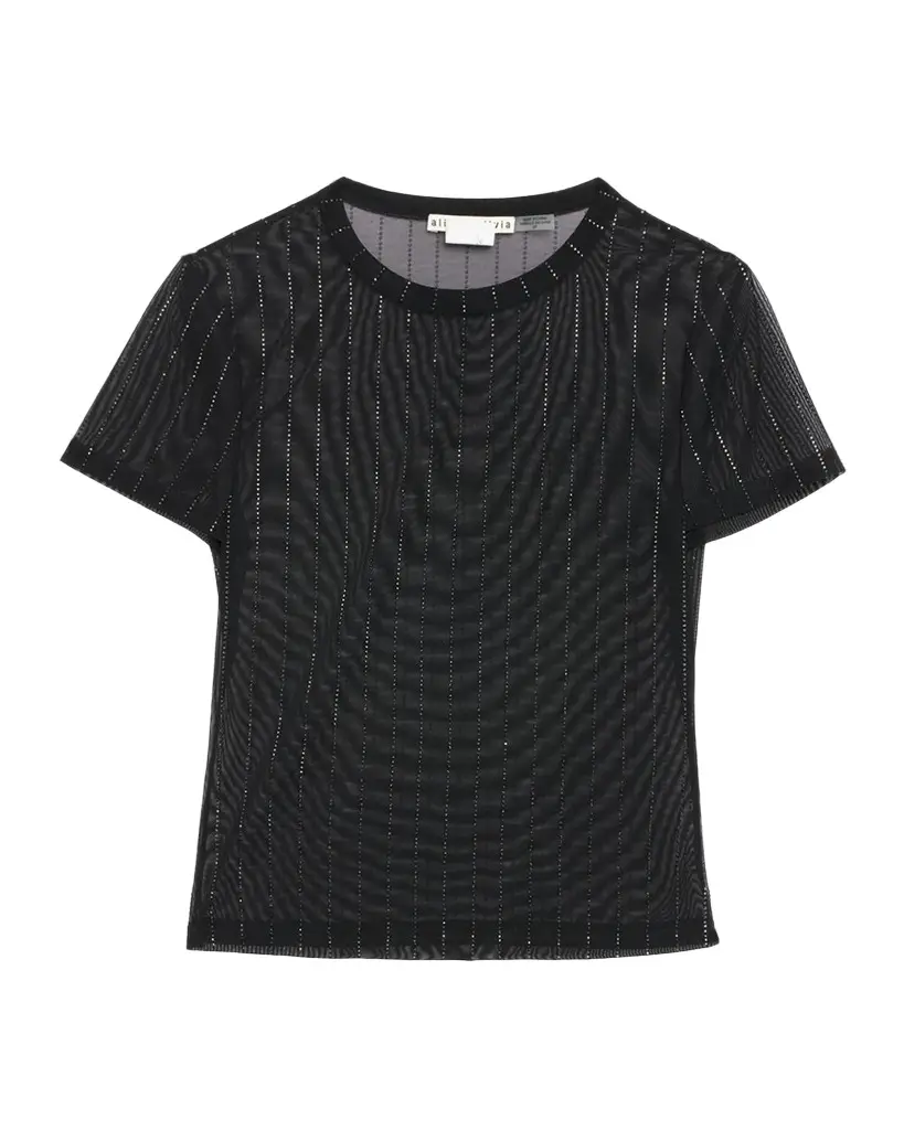 Alice + Olivia Tess Pinstripe Embellished Mesh Short-Sleeve Top