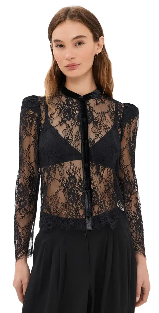L'Agence Dorothea Velvet Trim Lace Blouse