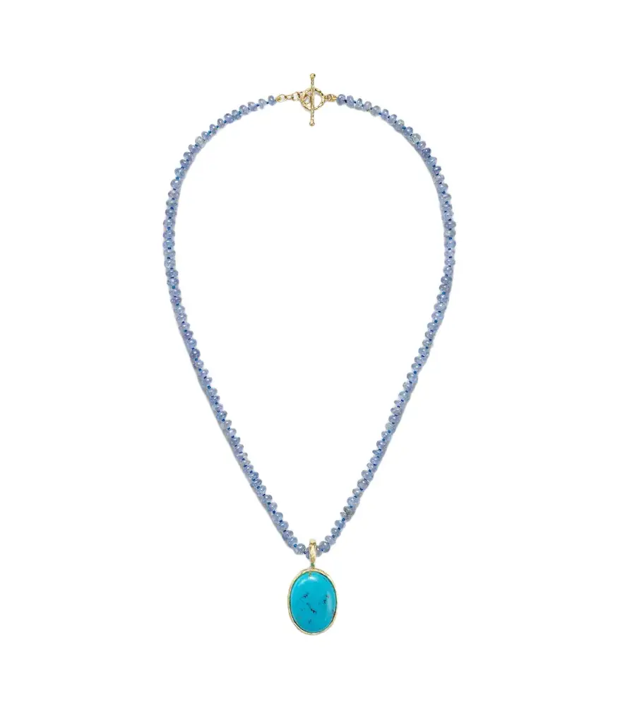 Hidden Gem 18kt gold beaded necklace with tanzanites and turquoise