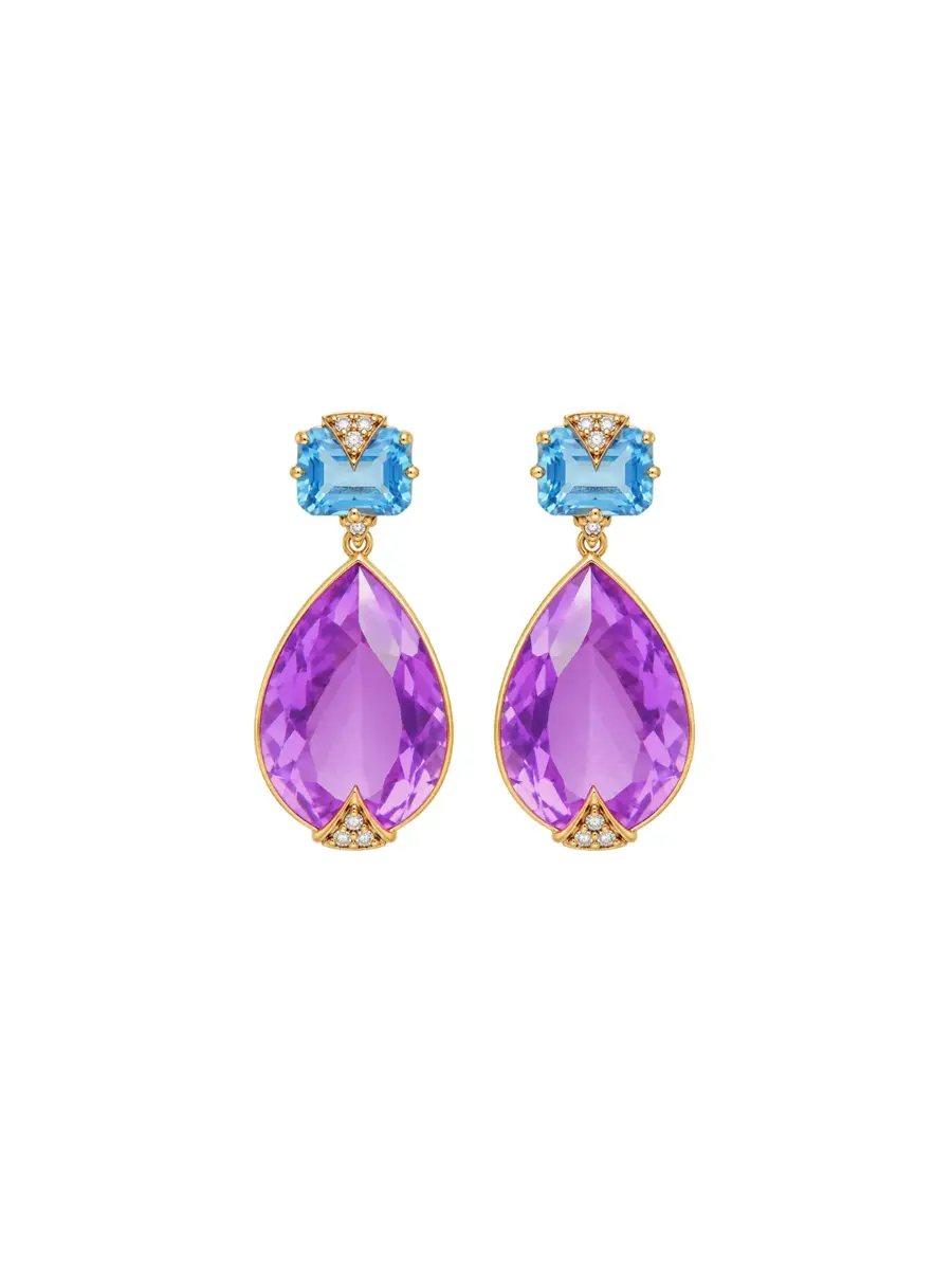 Wish Fine Jewelry 27.97ct Amethyst Brown Diamond Blue Topaz 18K Gold Drop Earring