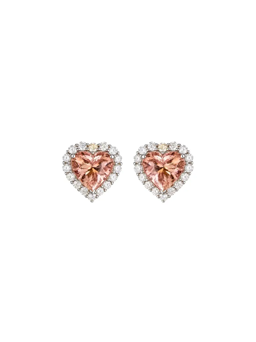 7.65ct Diamond Morganite 18K Gold Halo Heart Stud Earrings