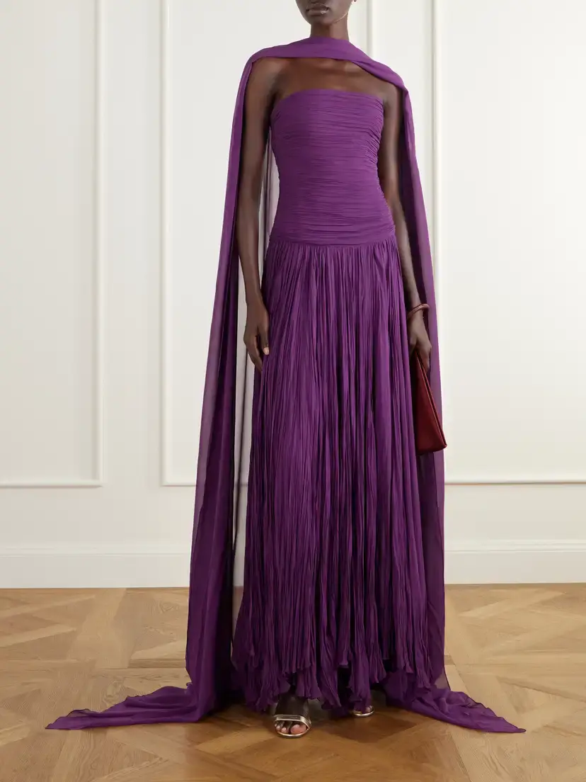 Marmar Halim Cape-effect Strapless Ruched Plissé Crepe Bustier Gown | Thumbnail 2