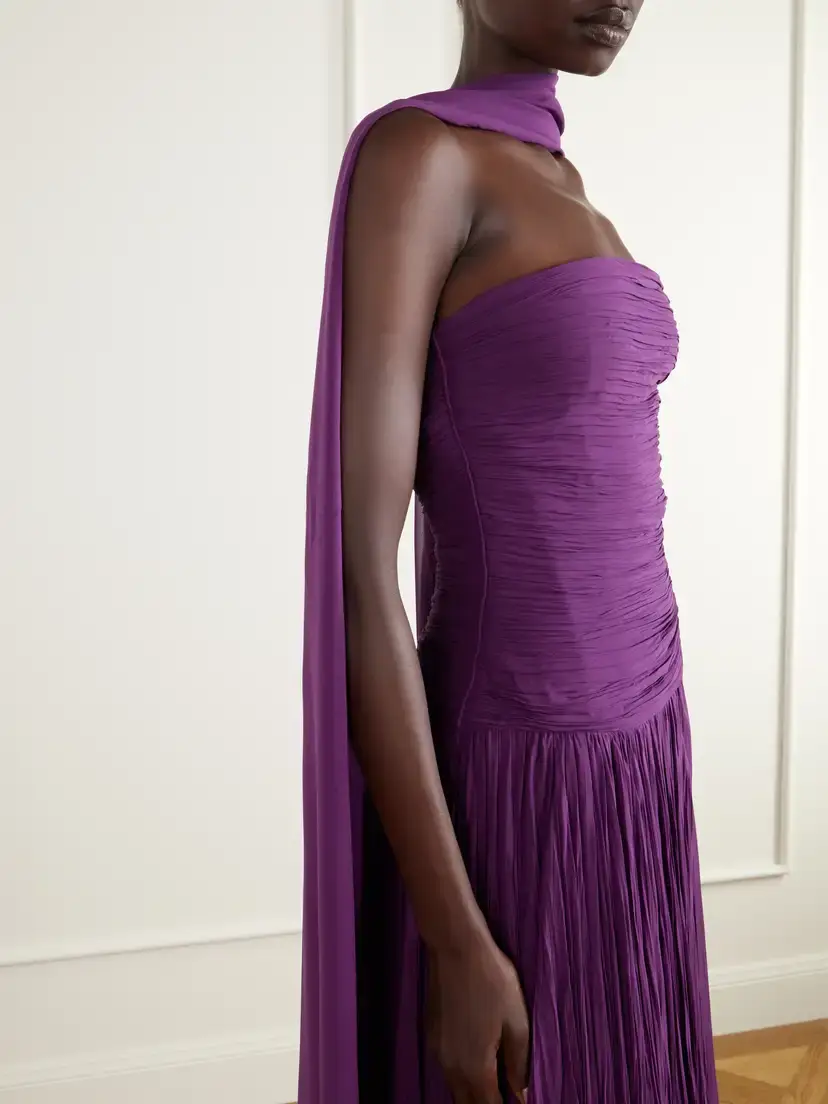 Marmar Halim Cape-effect Strapless Ruched Plissé Crepe Bustier Gown | Thumbnail 4